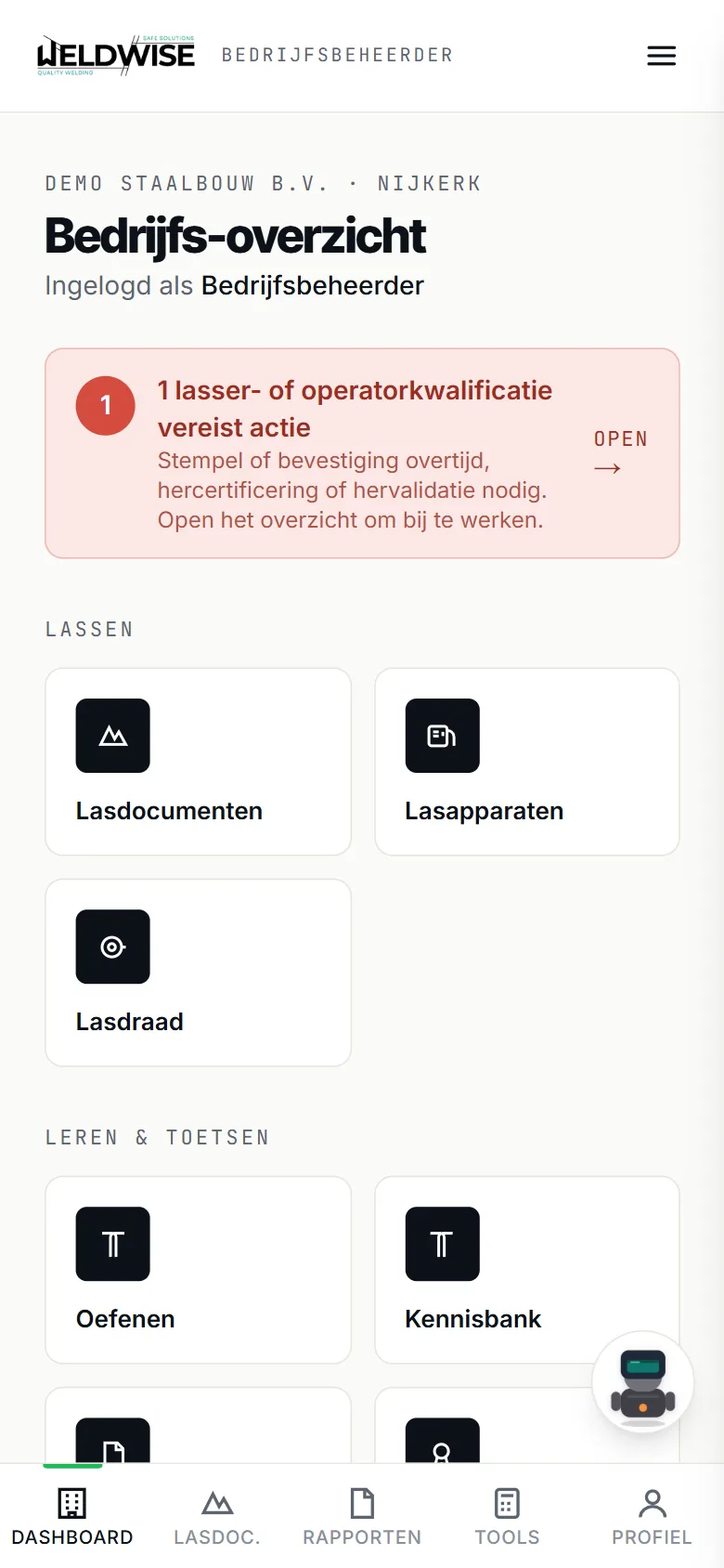 Dashboard van een lasbedrijf met herinneringen op de telefoon